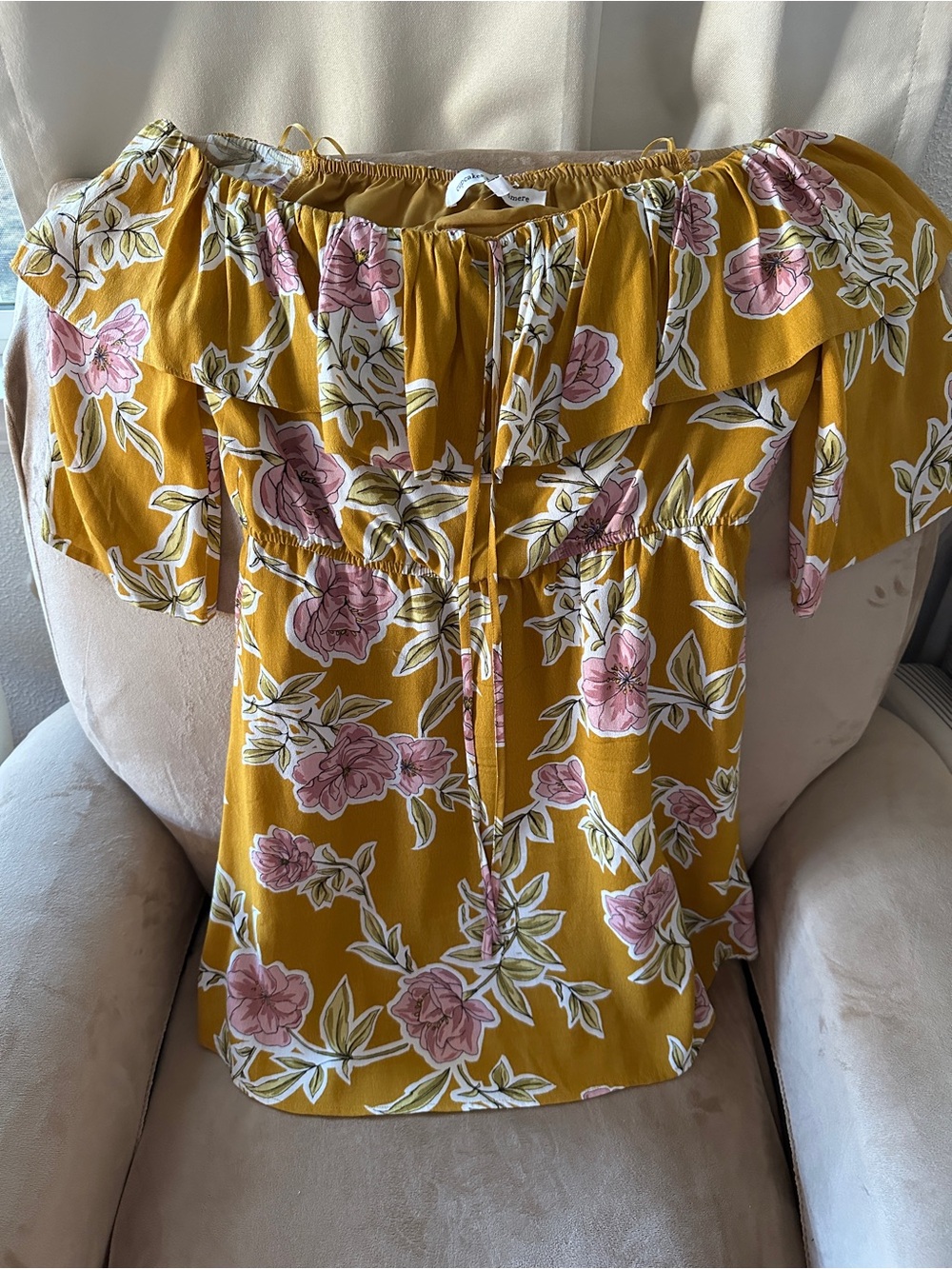cupcakes & cashmere Mustard Floral Off-Shoulder Mini Dress